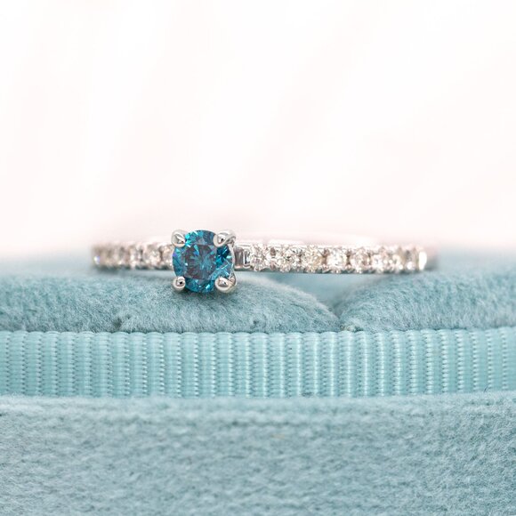 Natural Blue Diamond Ring in Solid 14K White Gold with Natural White Diamonds - Picture 5 of 10